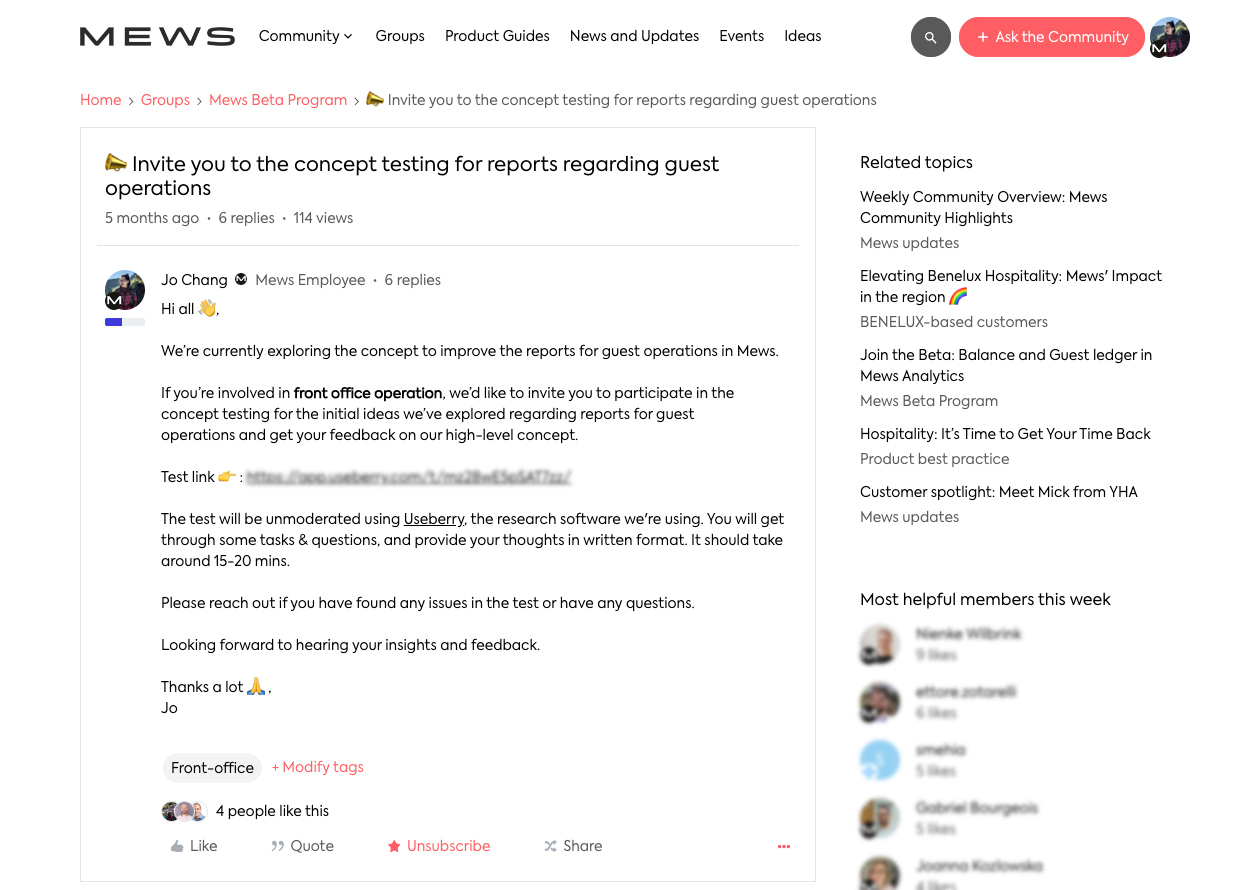 My post on the Mews Community to recruit participants.