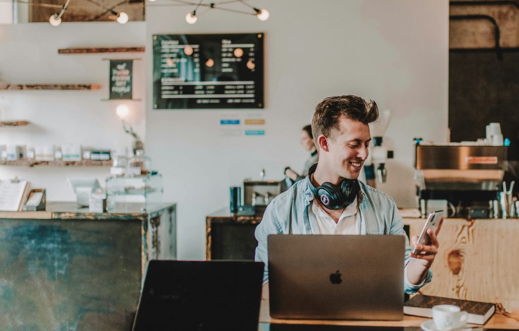 Happy developer at his desk