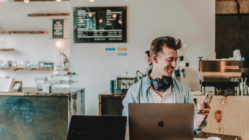 Happy developer at his desk